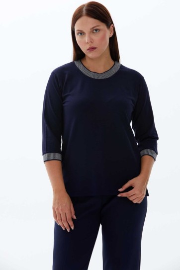 Büyük Beden Yakası ve Kol Ucu Gold Ribanalı Bluz