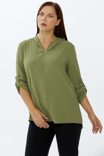 Büyük Beden Fermuarlı Kapüşonlu Bluz