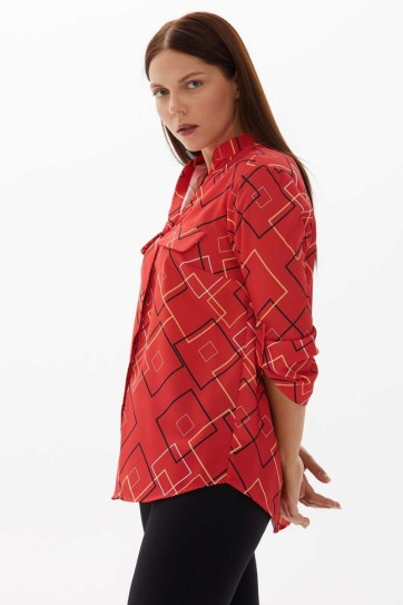 Büyük Beden Hakim Yaka Geometrik Desen Bluz