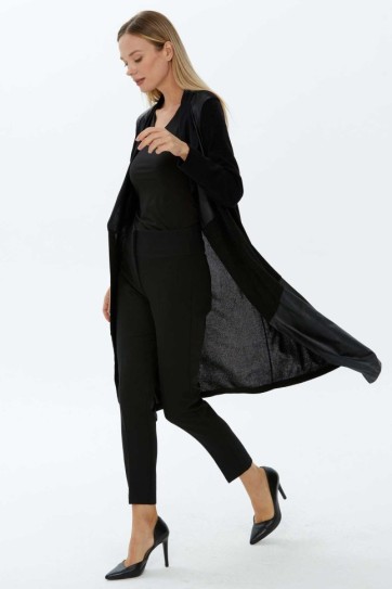 Önü Dökümlü Deri Kombinli Uzun Triko Hırka