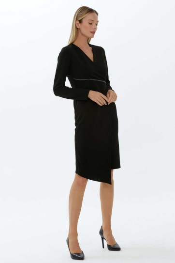 Kruvaze Yaka Beli Fermuar Aksesuarlı Elbise