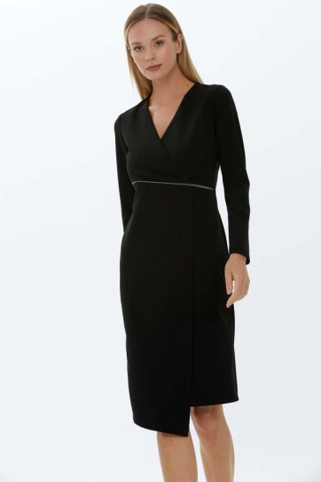 Kruvaze Yaka Beli Fermuar Aksesuarlı Elbise