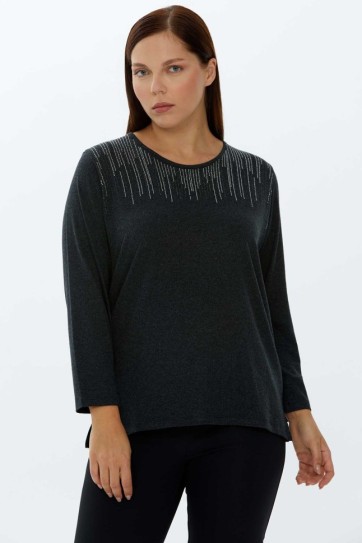 Büyük Beden Üstü Taşlı Triko Bluz