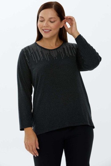 Büyük Beden Üstü Taşlı Triko Bluz