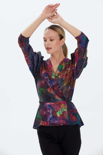 Kruvaze Yaka Kolu Büzgülü Emprime Bluz