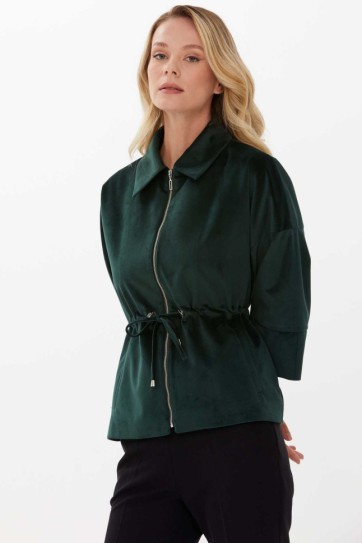 Şömiziye Yaka Beli Büzgülü Kadife Ceket