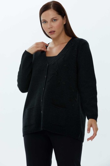 Büyük Beden Yanı Nakıışlı Triko Hırka