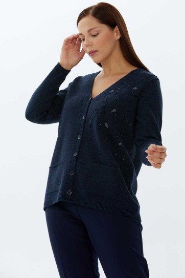 Büyük Beden Yanı Nakıışlı Triko Hırka