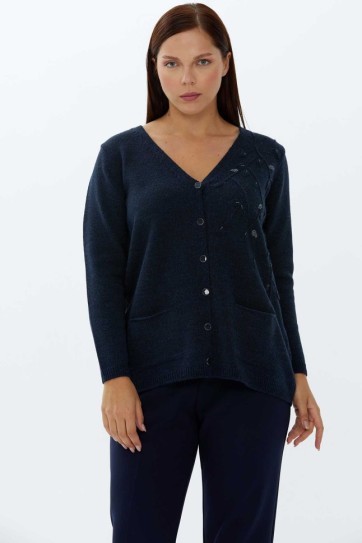 Büyük Beden Yanı Nakıışlı Triko Hırka