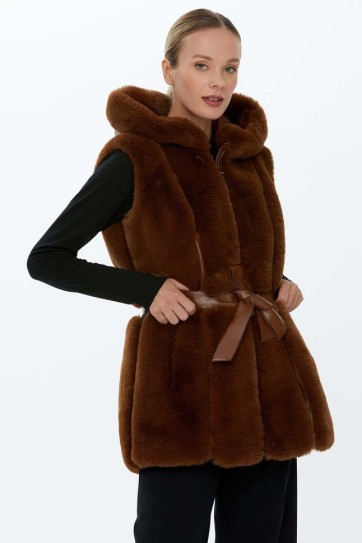 Beli Deri Kombinli Kapüşonlu Kürk Yelek