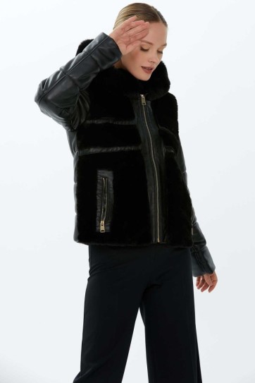 Deri Kombinli Kapüşonlu Kaban