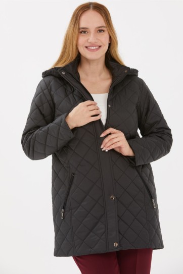 Büyük Beden Kapüşon İçi Kürklü Kapitone Mont