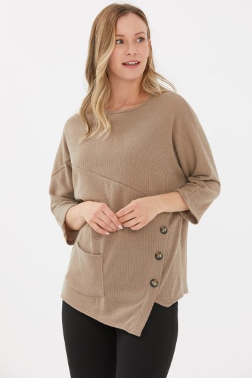 Eteği Asimetrik Yanı Düğmeli Triko Bluz