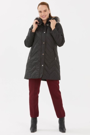 Yakası Kürklü Önü Çıtçıtlı Kapitone Mont