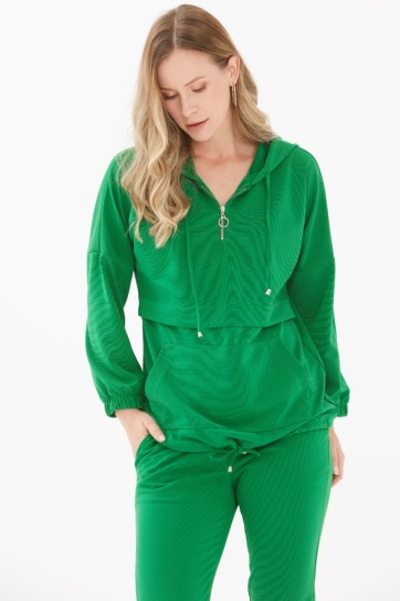 Kapüşonlu Kanguru Cep Yakası Fermuarlı Bluz