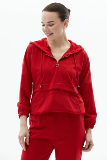 Kapüşonlu Kanguru Cep Yakası Fermuarlı Bluz