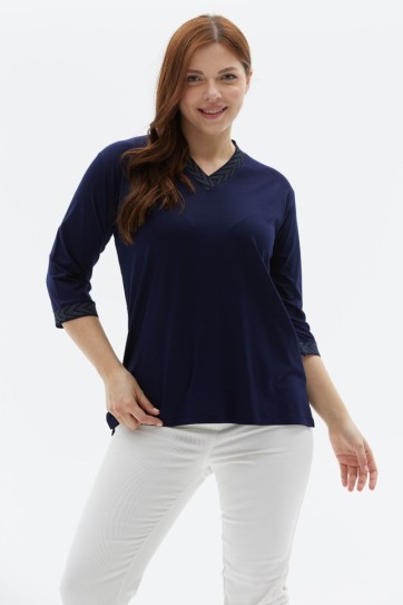 Büyük Beden Yanı Yırtmaçlı Simli Ribanalı Penye Bluz