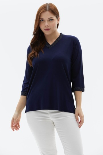 Büyük Beden Yanı Yırtmaçlı Simli Ribanalı Penye Bluz