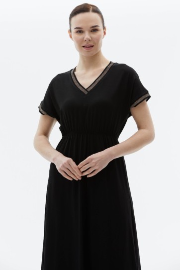 Beli Lastikli V Yaka Renkli Ribanalı Penye Elbise