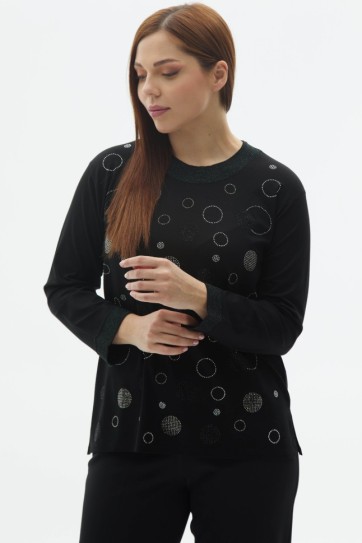 Büyük Beden Önü Taşlı Uzun Kol Penye Bluz