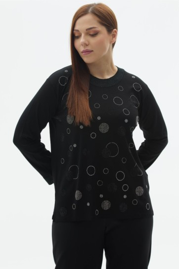 Büyük Beden Önü Taşlı Uzun Kol Penye Bluz