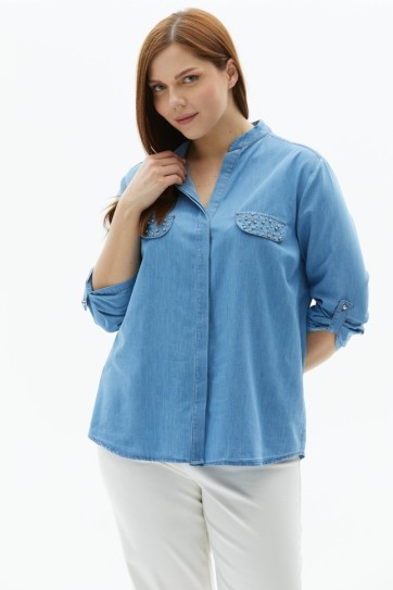 Büyük Beden Hakim Yaka Cebi Taşlı  Bluz