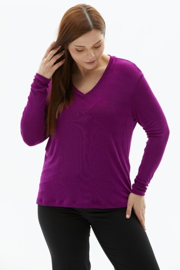 Büyük Beden V Yaka Uzun Kol Buzi Bluz