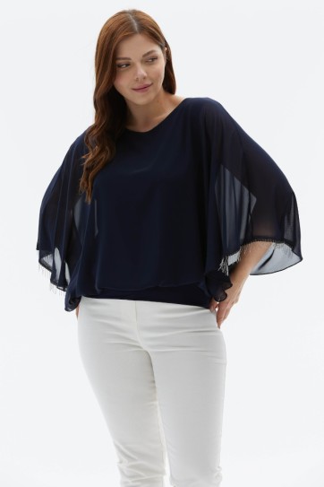 Büyük Beden Üstü Şifon Kolları Aksesuarlı Bluz