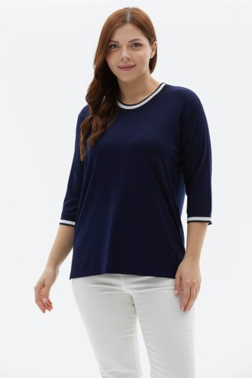 Büyük Beden Sıfır Yaka Beyaz Ribanalı Penye Bluz