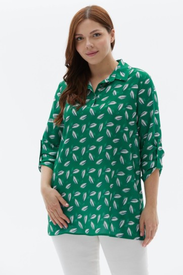 Büyük Beden Yarım Patlı Yaprak Desenli Bluz