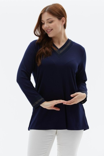 Büyük Beden Uzun Kol Delikli Ribanalı Penye Bluz