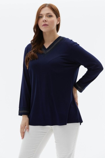 Büyük Beden Uzun Kol Delikli Ribanalı Penye Bluz