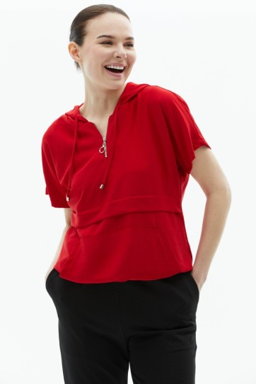 Yakası Fermuarlı Kanguru Cep Bluz