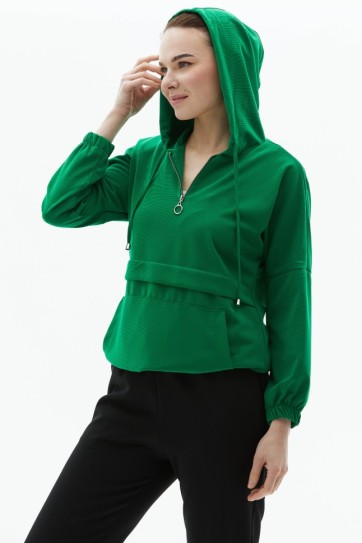 Kapüşonlu Kanguru Cep Yakası Fermuarlı Bluz