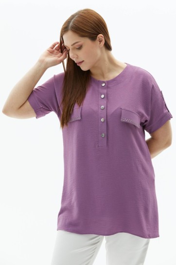 Büyük Beden Düşük Kol Kapak Cep Çıtçıtlı Bluz