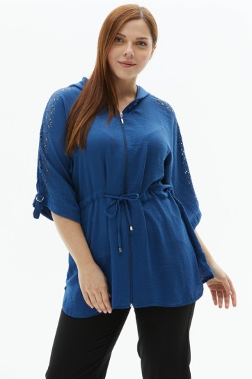 Büyük Beden Omuzları Lazerli Önü Fermuarlı Bluz