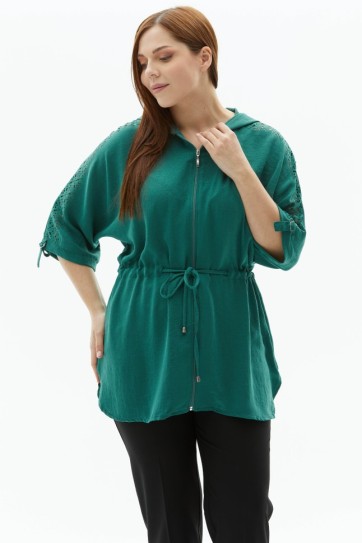 Büyük Beden Omuzları Lazerli Önü Fermuarlı Bluz