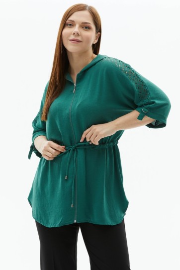 Büyük Beden Omuzları Lazerli Önü Fermuarlı Bluz