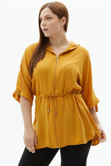 Büyük Beden Omuzları Lazerli Önü Fermuarlı Bluz