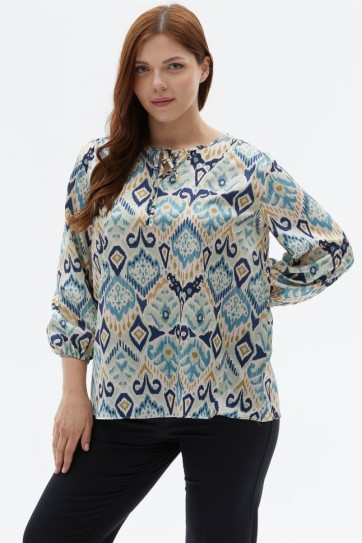 Büyük Beden Yakası Bağlamalı Emprime Bluz