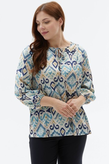 Büyük Beden Yakası Bağlamalı Emprime Bluz