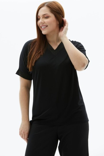 Büyük Beden Kısa Kol Simli Ribanalı Penye Bluz