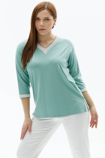 Büyük Beden V Yaka Delikli Ribanalı Penye Bluz