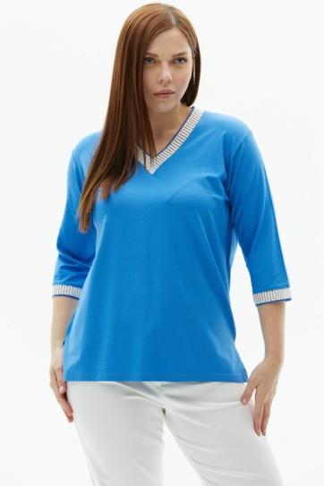 Büyük Beden V Yaka Delikli Ribanalı Penye Bluz