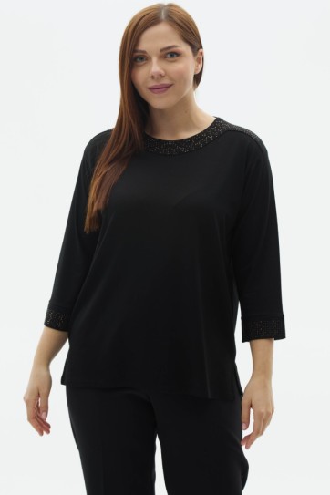 Büyük Beden Yaka ve Kol Ucu Taşlı Penye Bluz