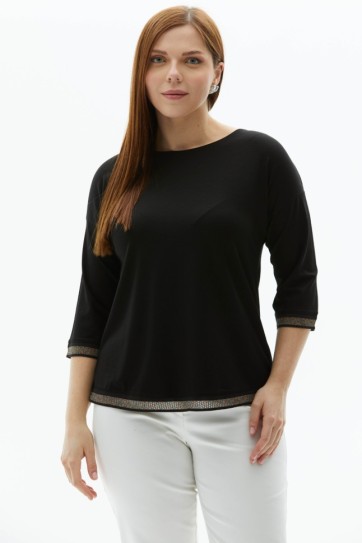 Büyük Beden Kayık Yaka Renkli Ribanalı  Penye Bluz