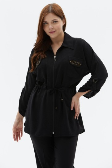 Büyük Beden Beli Büzgülü Cebi Troklu Bluz