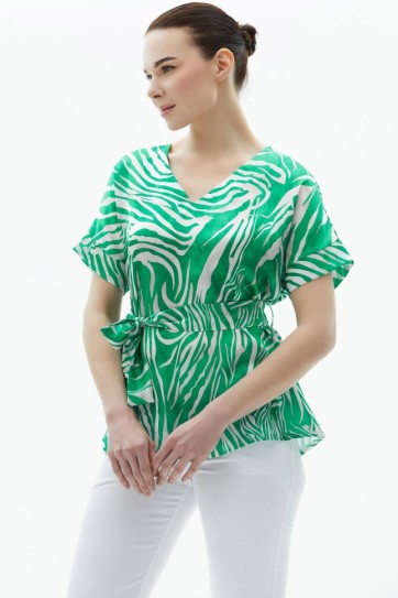 V Yaka Düşük Kol Zebra Desen Bluz
