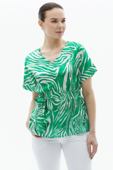 V Yaka Düşük Kol Zebra Desen Bluz