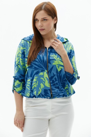 Büyük Beden Kapüşonlu Palmiye Desen Ceket